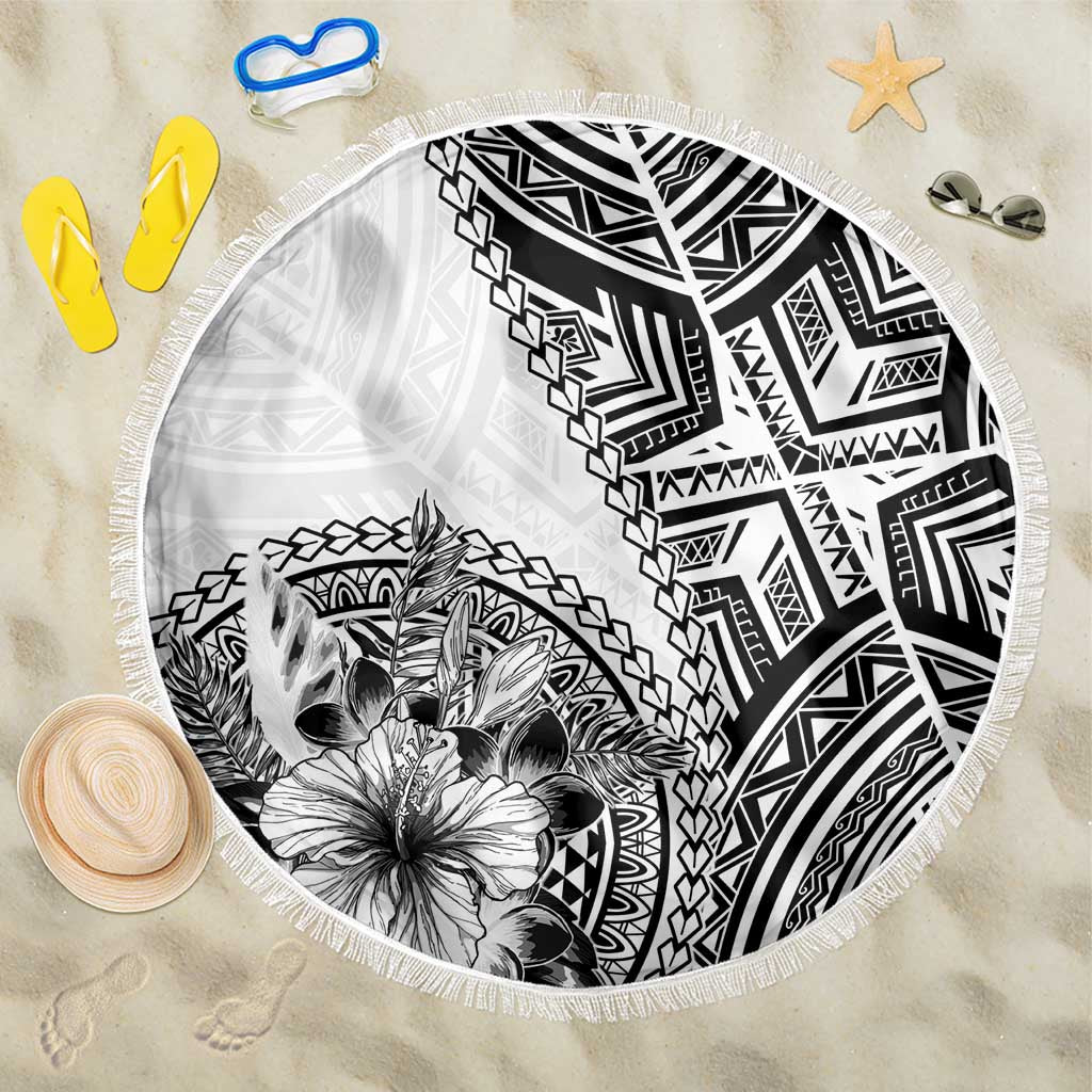 Hibiscus With White Austronesian Tattoo Pattern Beach Blanket LT05 One Size 150cm White - Polynesian Pride