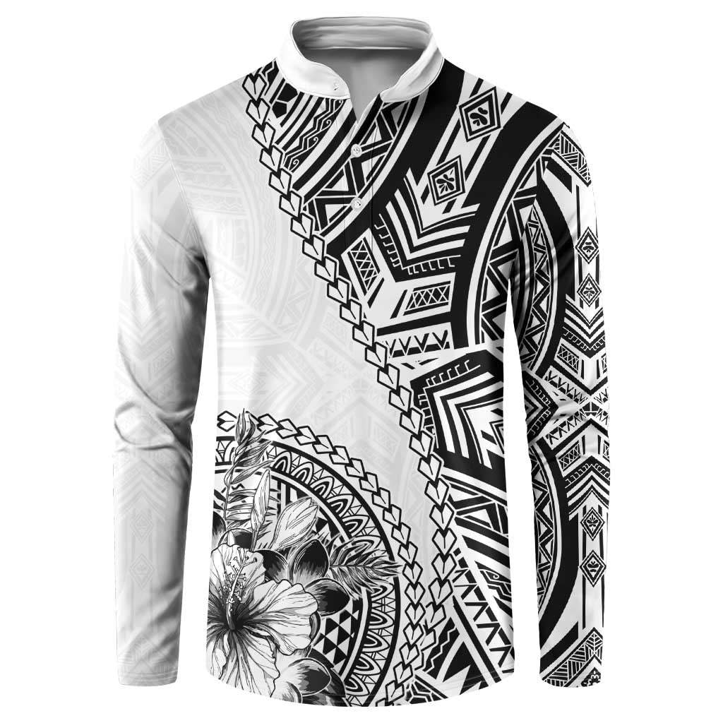 Hibiscus With White Austronesian Tattoo Pattern Button Sweatshirt LT05 White - Polynesian Pride
