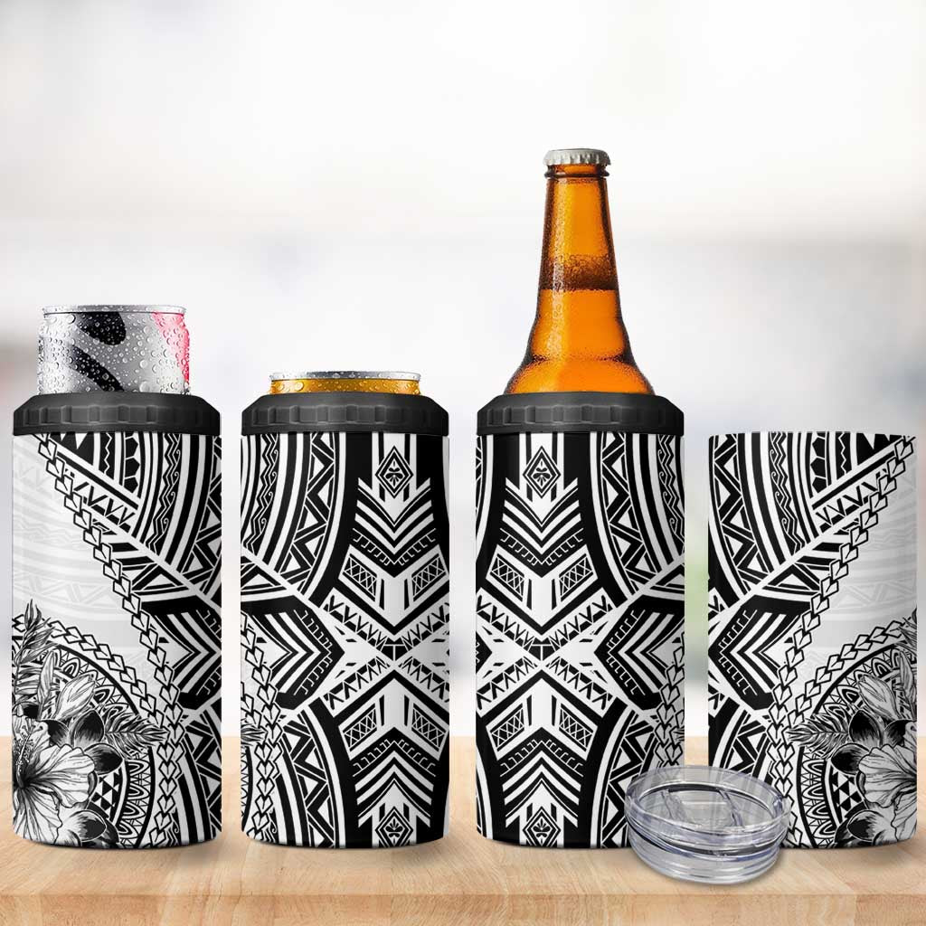 Hibiscus With White Austronesian Tattoo Pattern 4 in 1 Can Cooler Tumbler LT05 - Polynesian Pride