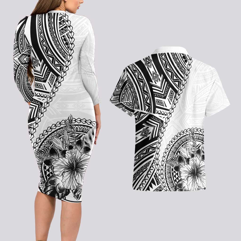 Hibiscus With White Austronesian Tattoo Pattern Couples Matching Long Sleeve Bodycon Dress and Hawaiian Shirt - Polynesian Pride