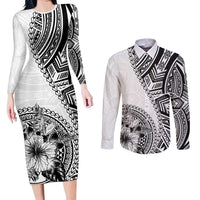 Hibiscus With White Austronesian Tattoo Pattern Couples Matching Long Sleeve Bodycon Dress and Long Sleeve Button Shirt LT05 White - Polynesian Pride