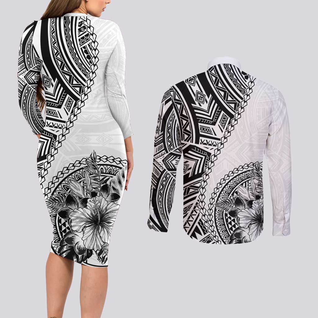 Hibiscus With White Austronesian Tattoo Pattern Couples Matching Long Sleeve Bodycon Dress and Long Sleeve Button Shirt LT05 - Polynesian Pride