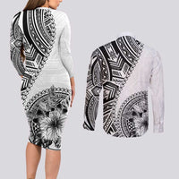 Hibiscus With White Austronesian Tattoo Pattern Couples Matching Long Sleeve Bodycon Dress and Long Sleeve Button Shirt LT05 - Polynesian Pride