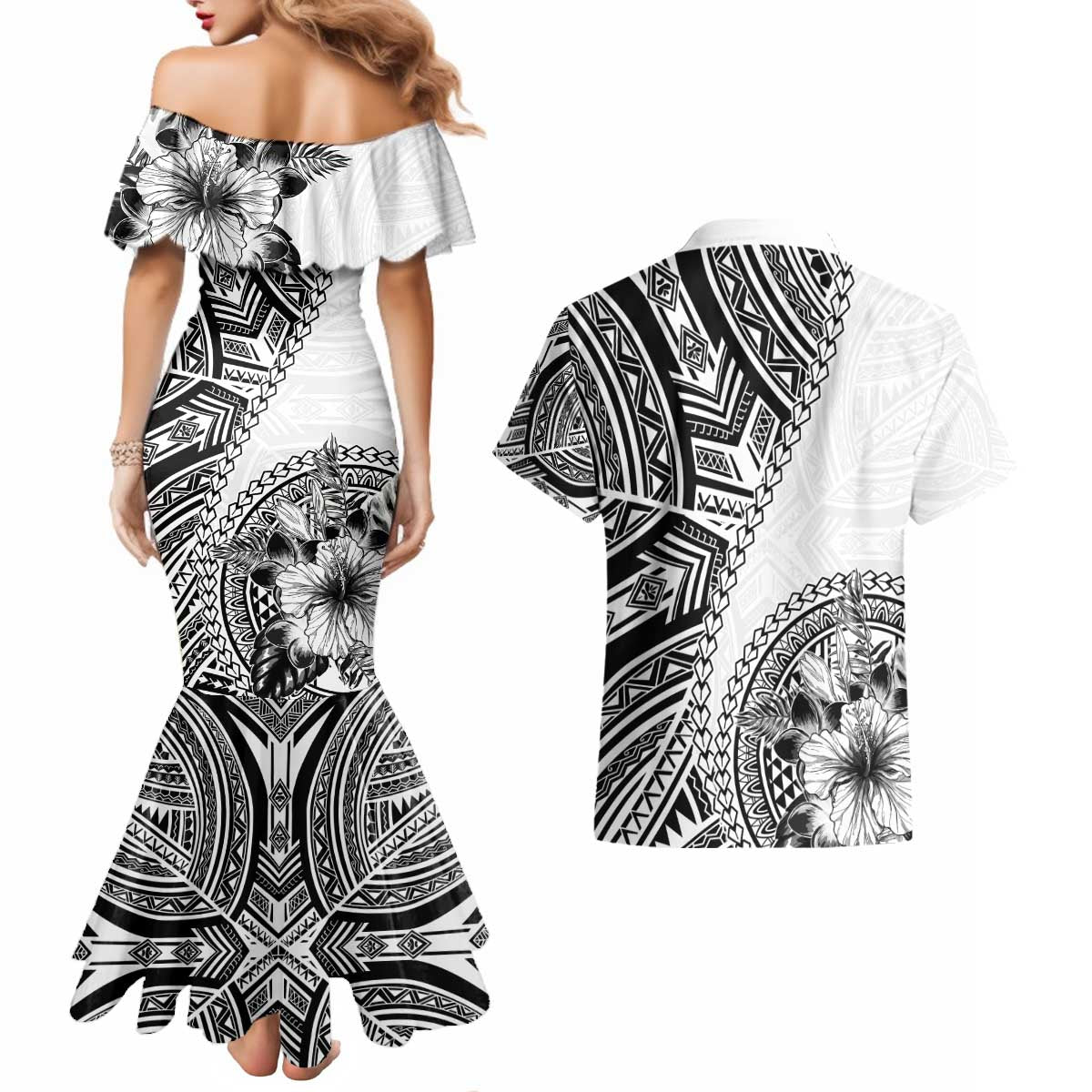 Hibiscus With White Austronesian Tattoo Pattern Couples Matching Mermaid Dress and Hawaiian Shirt - Polynesian Pride