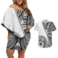 Hibiscus With White Austronesian Tattoo Pattern Couples Matching Off Shoulder Short Dress and Hawaiian Shirt - Polynesian Pride