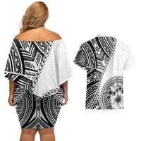 Hibiscus With White Austronesian Tattoo Pattern Couples Matching Off Shoulder Short Dress and Hawaiian Shirt - Polynesian Pride
