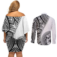 Hibiscus With White Austronesian Tattoo Pattern Couples Matching Off Shoulder Short Dress and Long Sleeve Button Shirt LT05 - Polynesian Pride