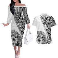 Hibiscus With White Austronesian Tattoo Pattern Couples Matching Off The Shoulder Long Sleeve Dress and Hawaiian Shirt - Polynesian Pride