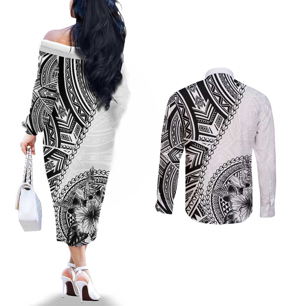 Hibiscus With White Austronesian Tattoo Pattern Couples Matching Off The Shoulder Long Sleeve Dress and Long Sleeve Button Shirt LT05 - Polynesian Pride