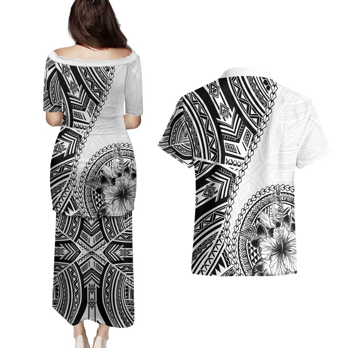 Hibiscus With White Austronesian Tattoo Pattern Couples Matching Puletasi and Hawaiian Shirt - Polynesian Pride