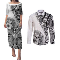 Hibiscus With White Austronesian Tattoo Pattern Couples Matching Puletasi and Long Sleeve Button Shirt LT05 White - Polynesian Pride