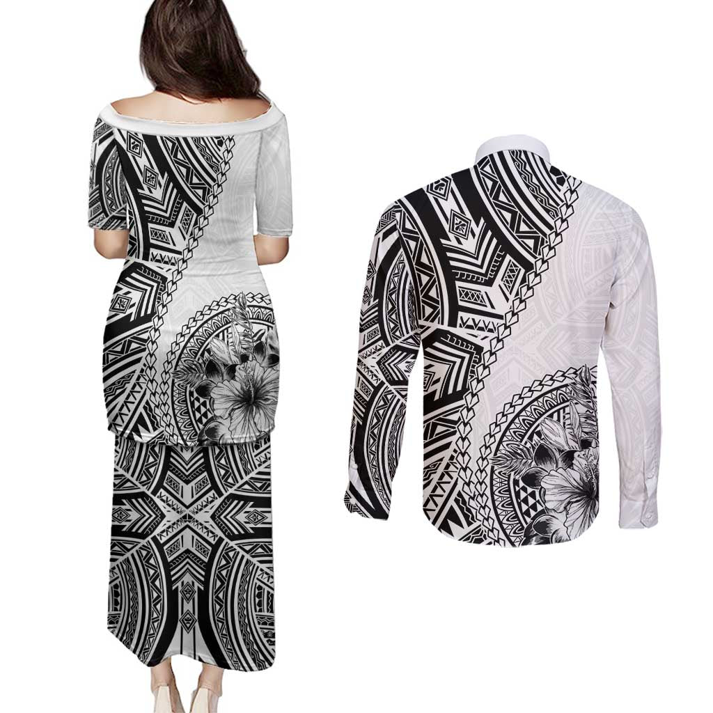 Hibiscus With White Austronesian Tattoo Pattern Couples Matching Puletasi and Long Sleeve Button Shirt LT05 - Polynesian Pride