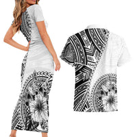 Hibiscus With White Austronesian Tattoo Pattern Couples Matching Short Sleeve Bodycon Dress and Hawaiian Shirt - Polynesian Pride
