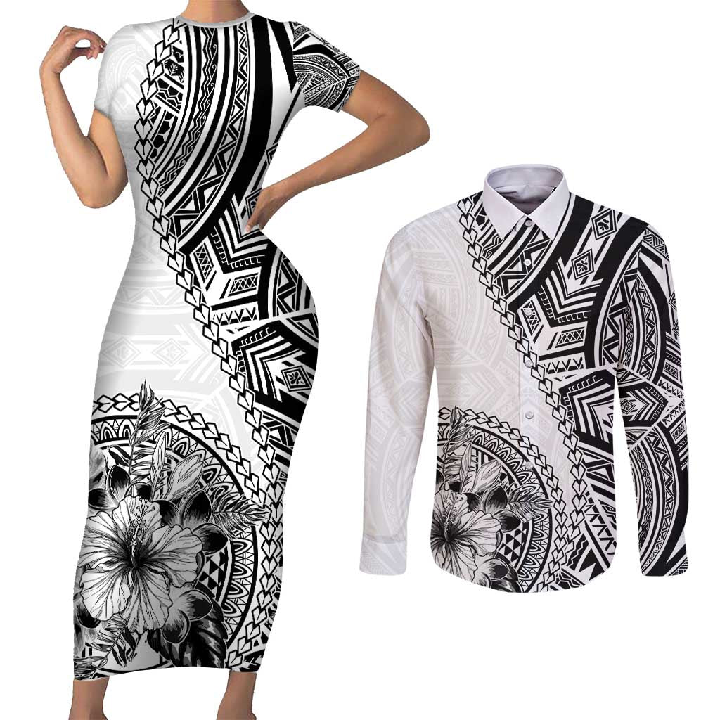 Hibiscus With White Austronesian Tattoo Pattern Couples Matching Short Sleeve Bodycon Dress and Long Sleeve Button Shirt LT05 White - Polynesian Pride