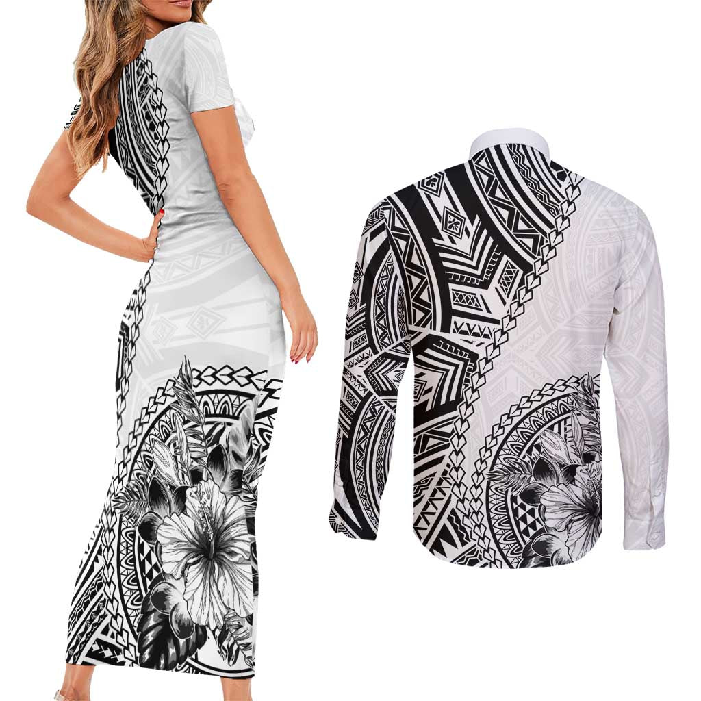 Hibiscus With White Austronesian Tattoo Pattern Couples Matching Short Sleeve Bodycon Dress and Long Sleeve Button Shirt LT05 - Polynesian Pride