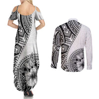 Hibiscus With White Austronesian Tattoo Pattern Couples Matching Summer Maxi Dress and Long Sleeve Button Shirt LT05 - Polynesian Pride