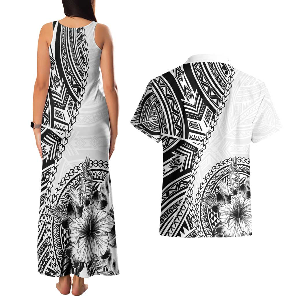 Hibiscus With White Austronesian Tattoo Pattern Couples Matching Tank Maxi Dress and Hawaiian Shirt - Polynesian Pride
