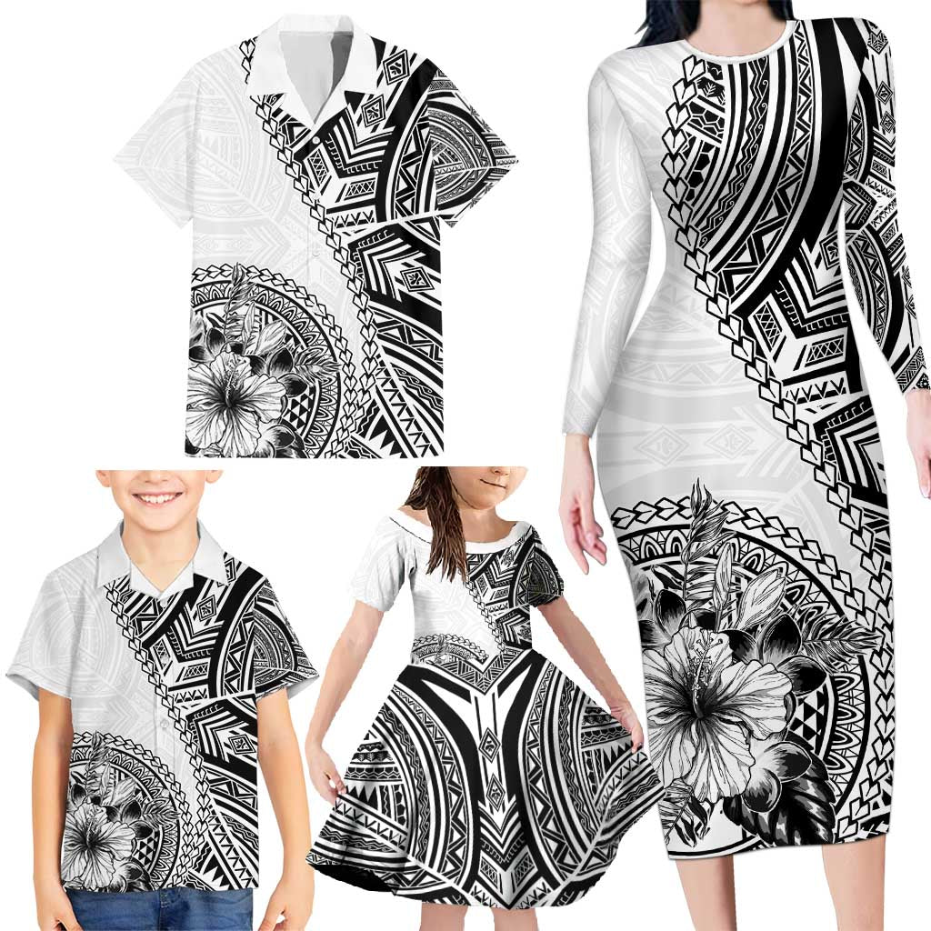 Hibiscus With White Austronesian Tattoo Pattern Family Matching Long Sleeve Bodycon Dress and Hawaiian Shirt - Polynesian Pride