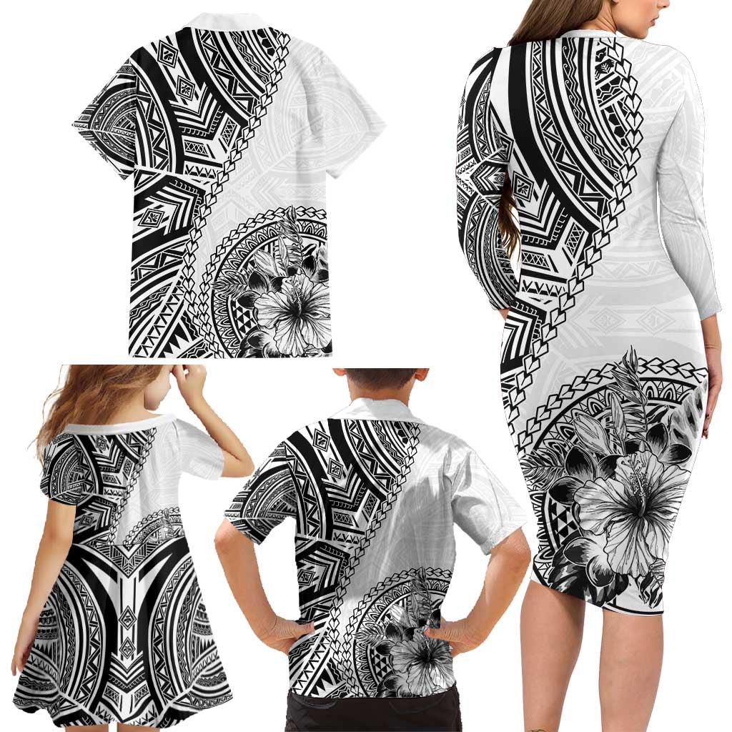 Hibiscus With White Austronesian Tattoo Pattern Family Matching Long Sleeve Bodycon Dress and Hawaiian Shirt - Polynesian Pride