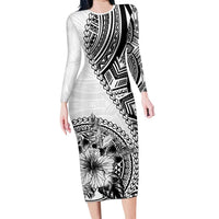Hibiscus With White Austronesian Tattoo Pattern Family Matching Long Sleeve Bodycon Dress and Hawaiian Shirt - Polynesian Pride