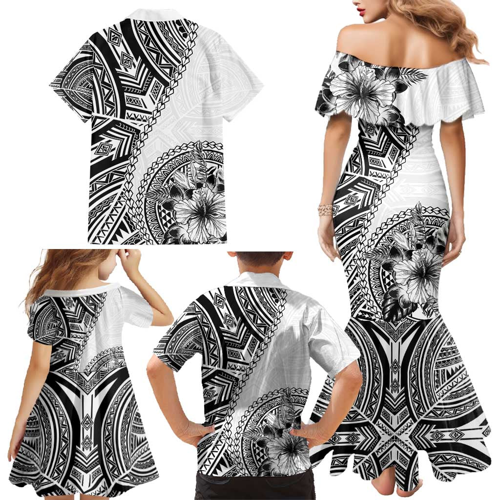 Hibiscus With White Austronesian Tattoo Pattern Family Matching Mermaid Dress and Hawaiian Shirt - Polynesian Pride