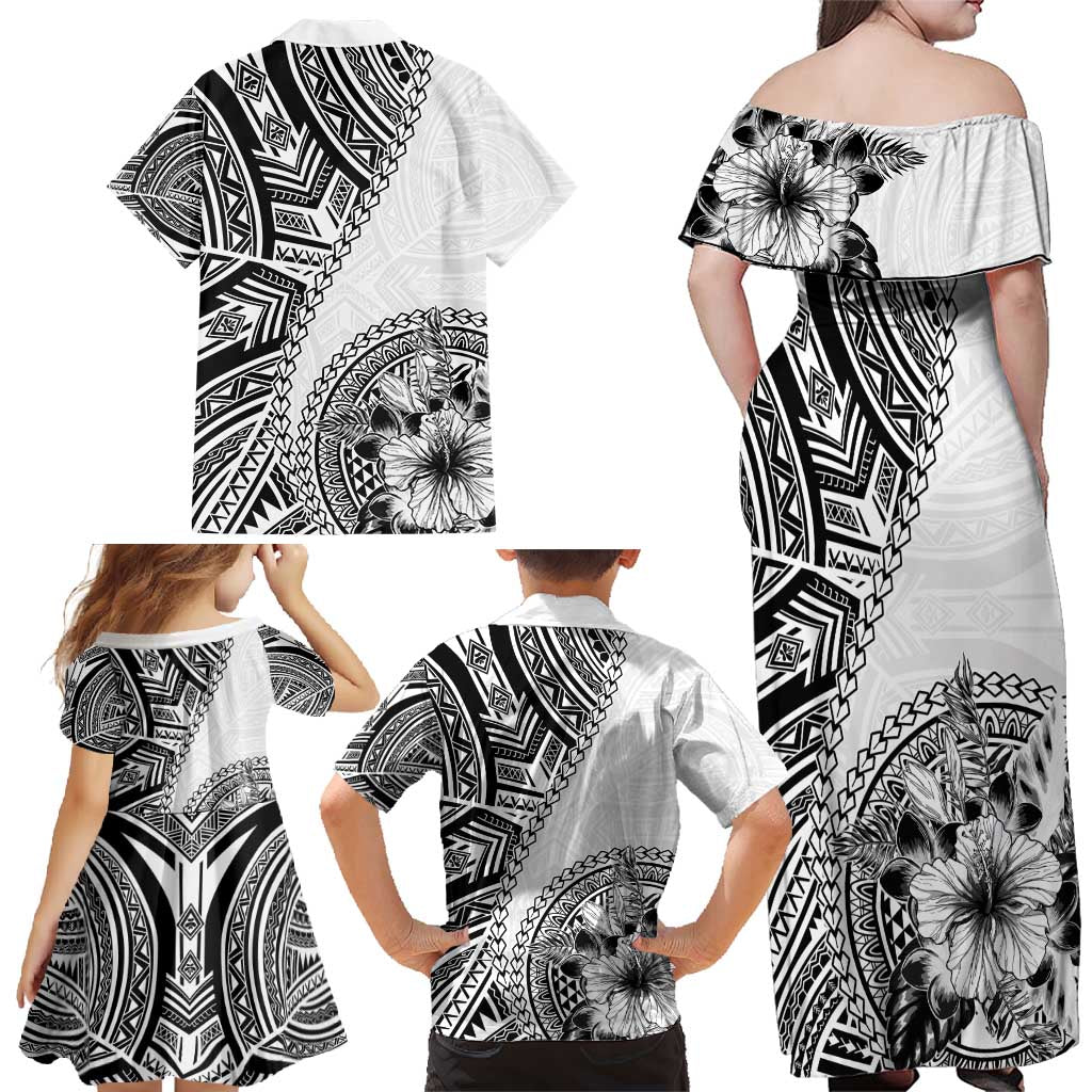 Hibiscus With White Austronesian Tattoo Pattern Family Matching Off Shoulder Maxi Dress and Hawaiian Shirt - Polynesian Pride