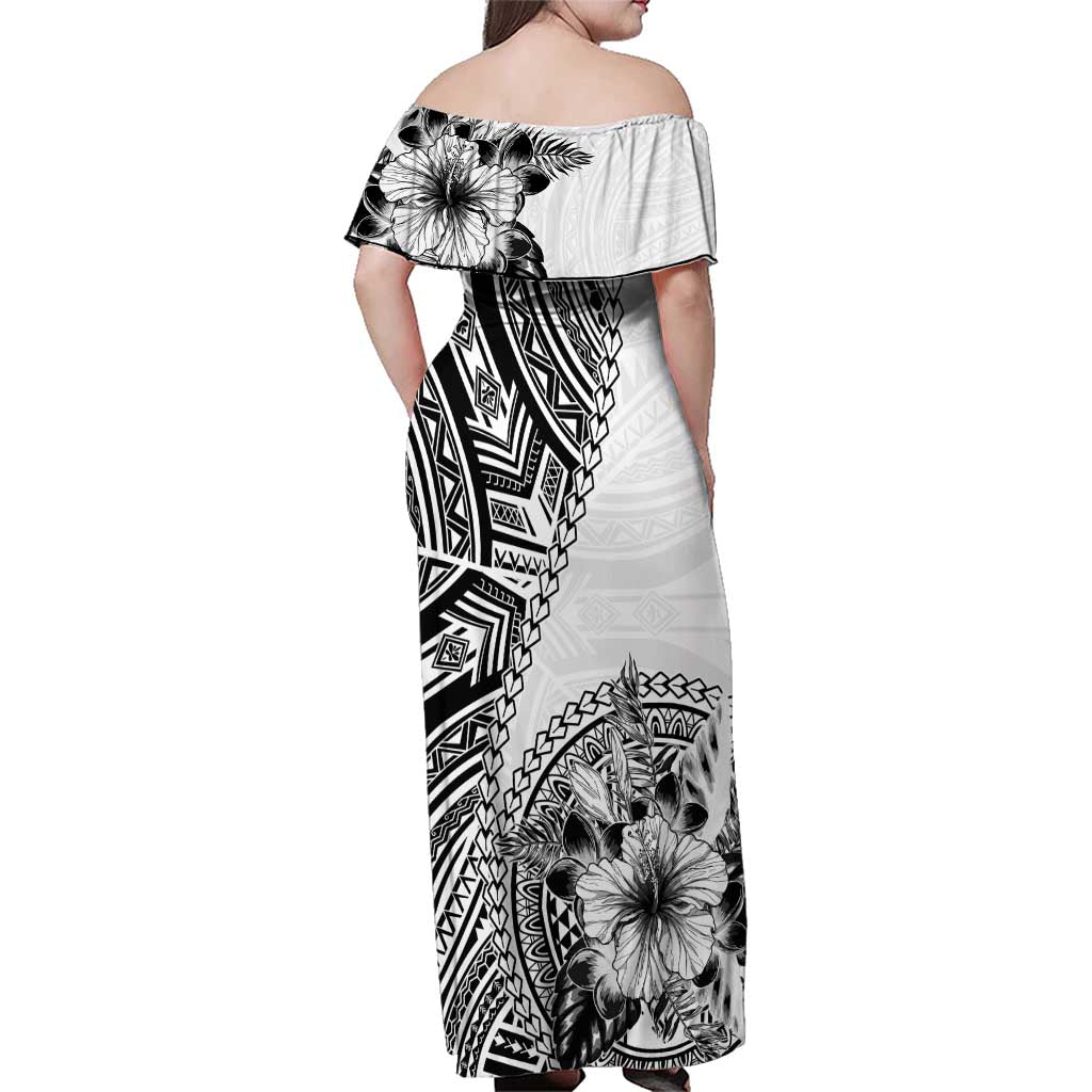 Hibiscus With White Austronesian Tattoo Pattern Family Matching Off Shoulder Maxi Dress and Hawaiian Shirt - Polynesian Pride