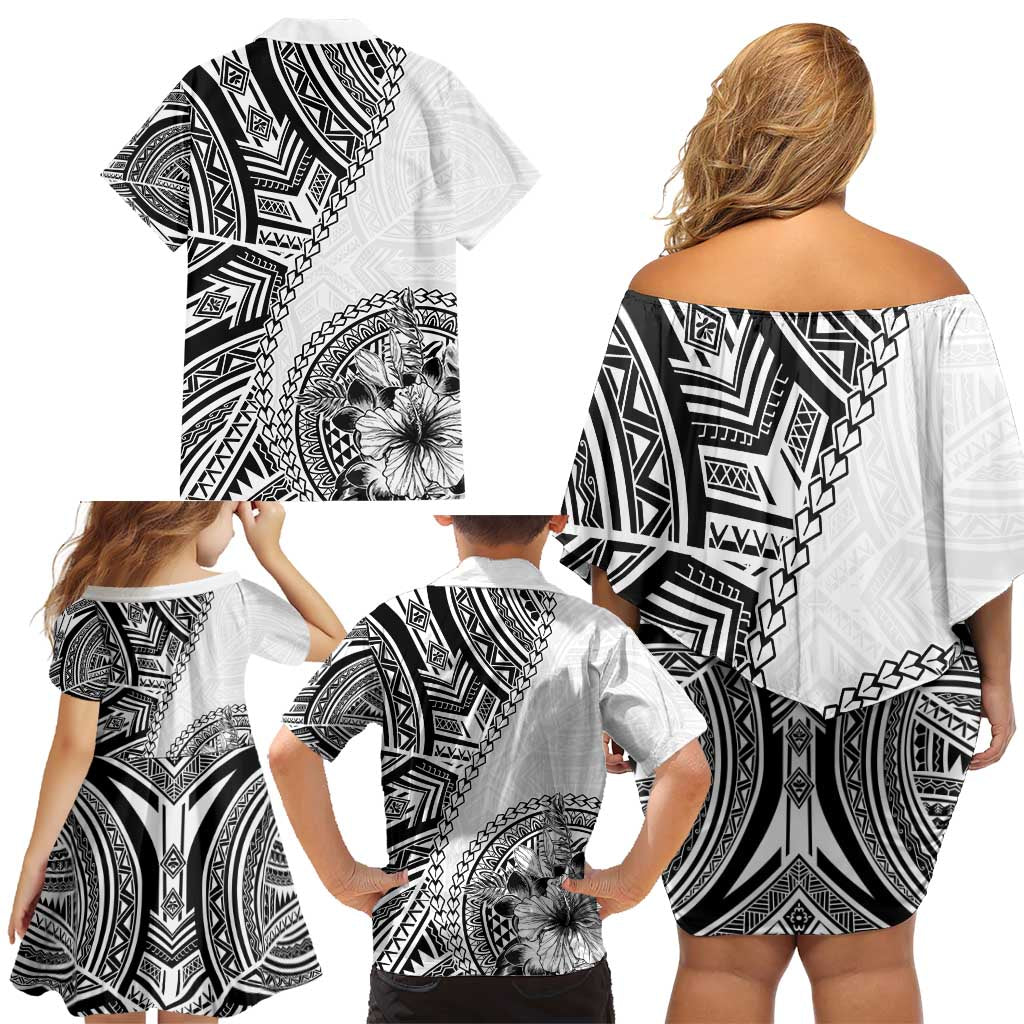 Hibiscus With White Austronesian Tattoo Pattern Family Matching Off Shoulder Short Dress and Hawaiian Shirt - Polynesian Pride