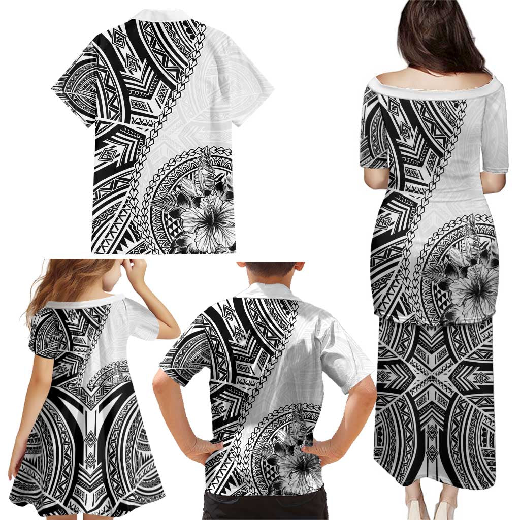 Hibiscus With White Austronesian Tattoo Pattern Family Matching Puletasi and Hawaiian Shirt - Polynesian Pride
