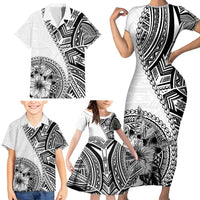 Hibiscus With White Austronesian Tattoo Pattern Family Matching Short Sleeve Bodycon Dress and Hawaiian Shirt - Polynesian Pride