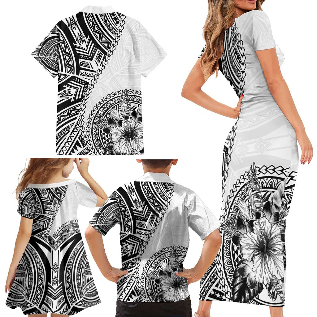 Hibiscus With White Austronesian Tattoo Pattern Family Matching Short Sleeve Bodycon Dress and Hawaiian Shirt - Polynesian Pride