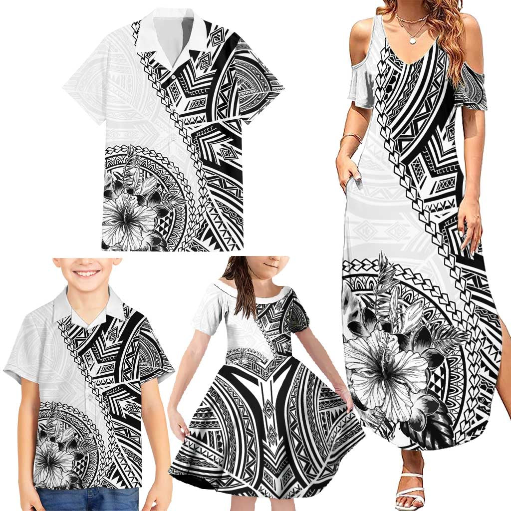 Hibiscus With White Austronesian Tattoo Pattern Family Matching Summer Maxi Dress and Hawaiian Shirt - Polynesian Pride