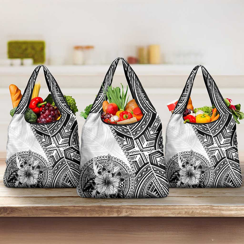 Hibiscus With White Austronesian Tattoo Pattern Grocery Bag LT05 3-pack One Size White - Polynesian Pride