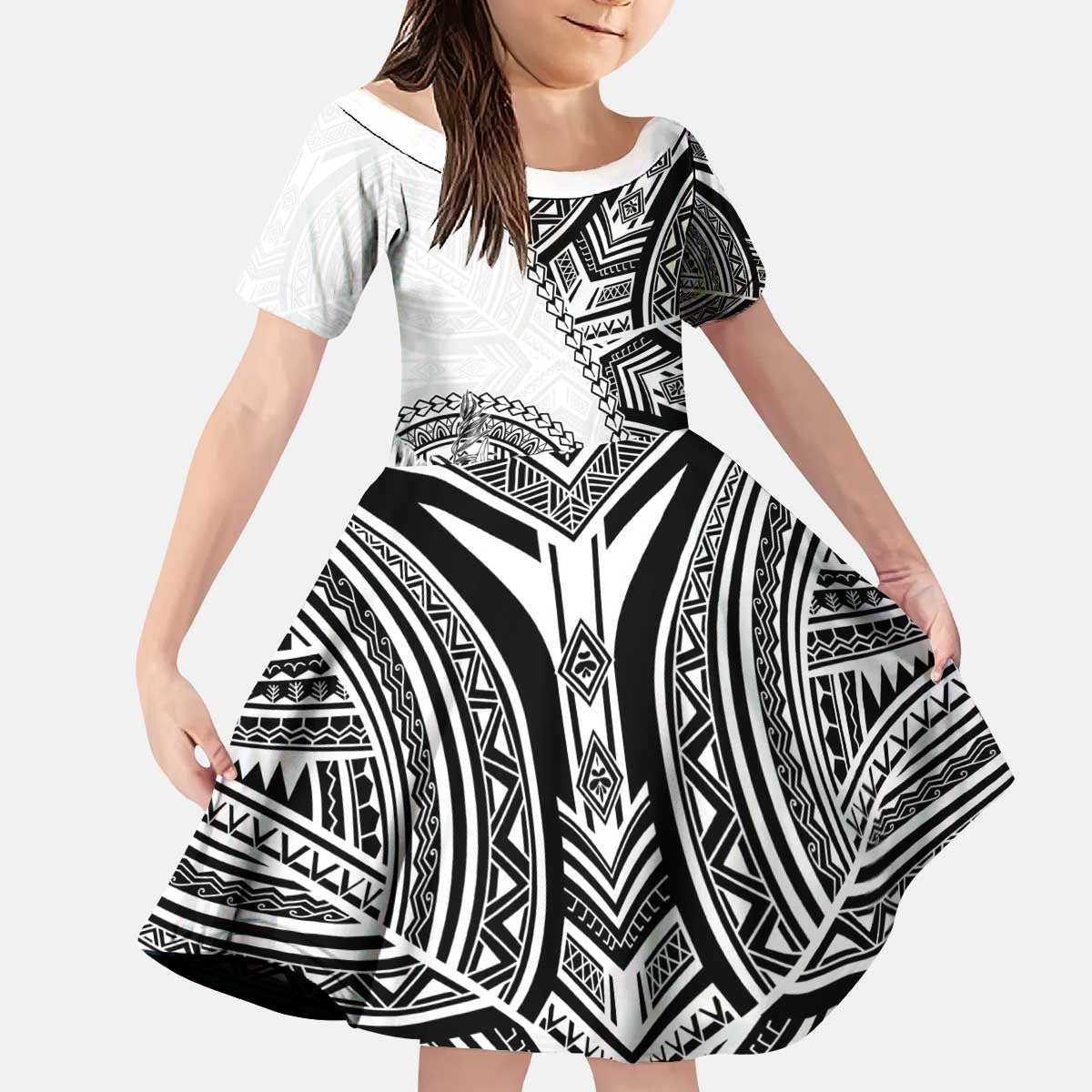 Hibiscus With White Austronesian Tattoo Pattern Kid Short Sleeve Dress - Polynesian Pride
