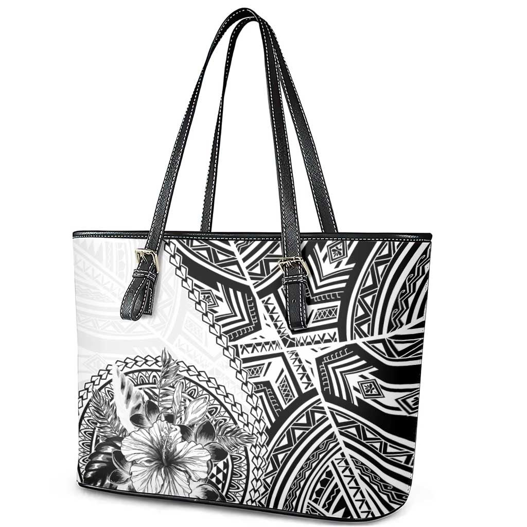 Hibiscus With White Austronesian Tattoo Pattern Leather Tote Bag - Polynesian Pride