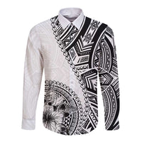 Hibiscus With White Austronesian Tattoo Pattern Long Sleeve Button Shirt LT05 Unisex White - Polynesian Pride