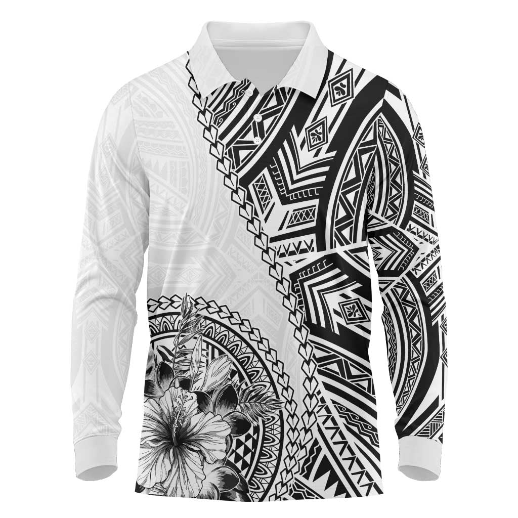Hibiscus With White Austronesian Tattoo Pattern Long Sleeve Polo Shirt - Polynesian Pride