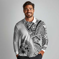 Hibiscus With White Austronesian Tattoo Pattern Long Sleeve Polo Shirt - Polynesian Pride