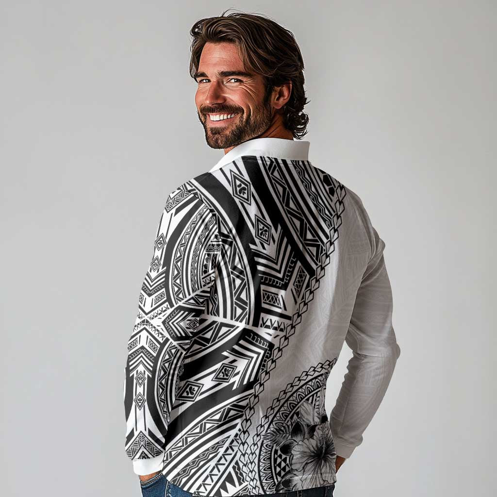 Hibiscus With White Austronesian Tattoo Pattern Long Sleeve Polo Shirt - Polynesian Pride