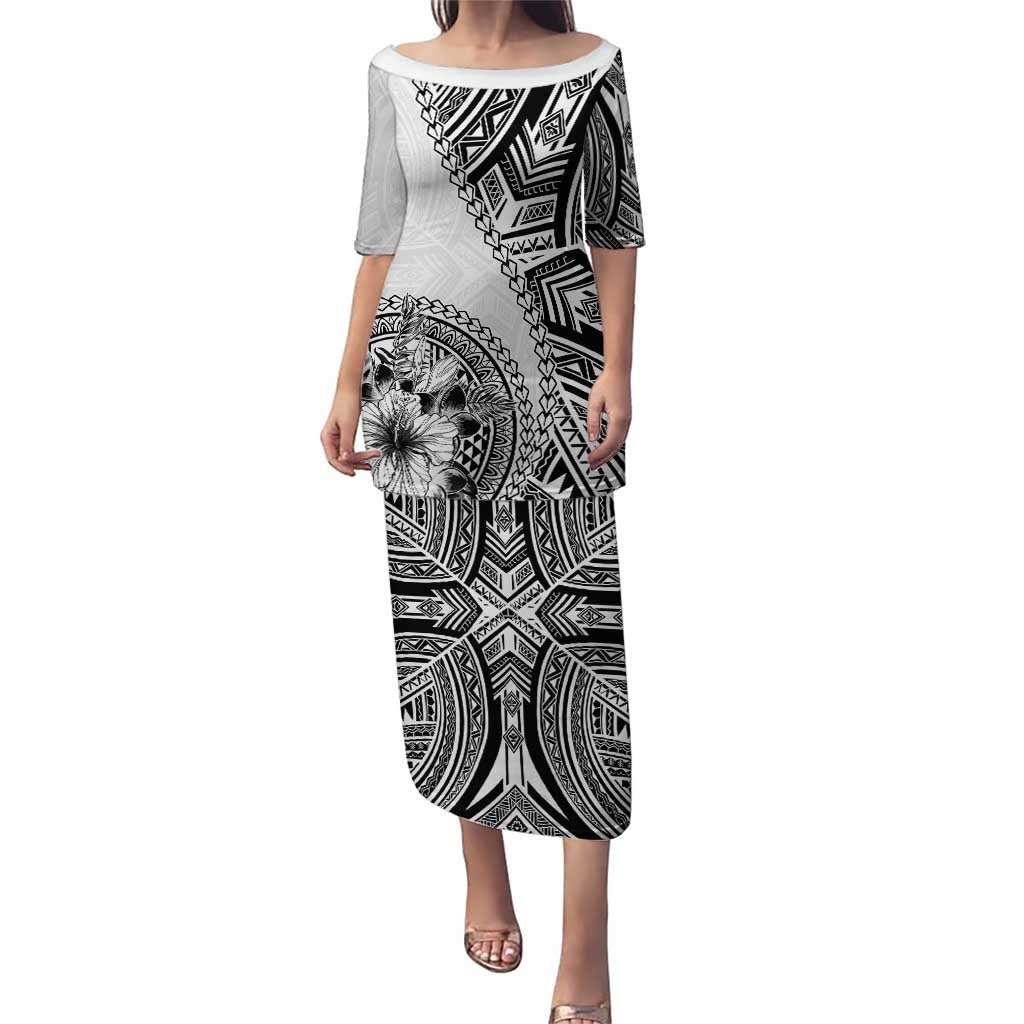 Hibiscus With White Austronesian Tattoo Pattern Puletasi LT05 Long Dress White - Polynesian Pride
