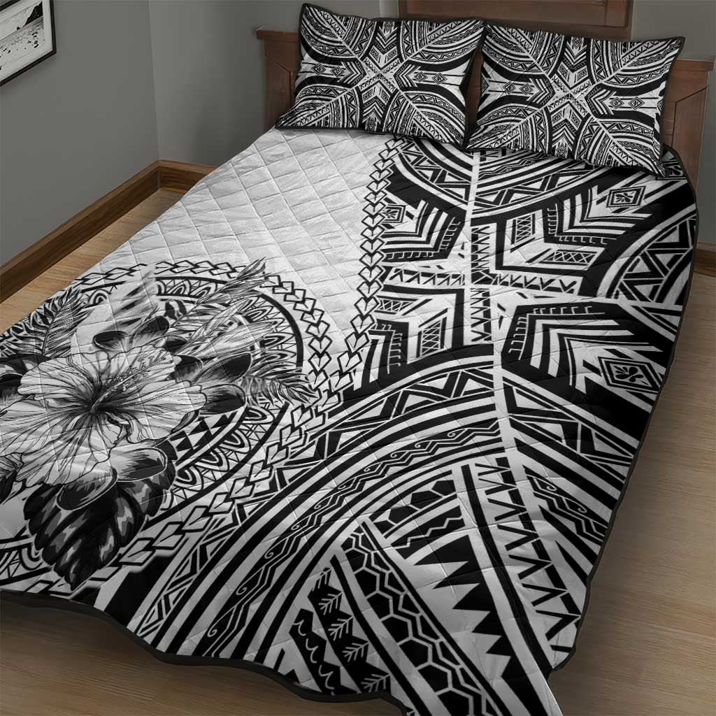 Hibiscus With White Austronesian Tattoo Pattern Quilt Bed Set - Polynesian Pride