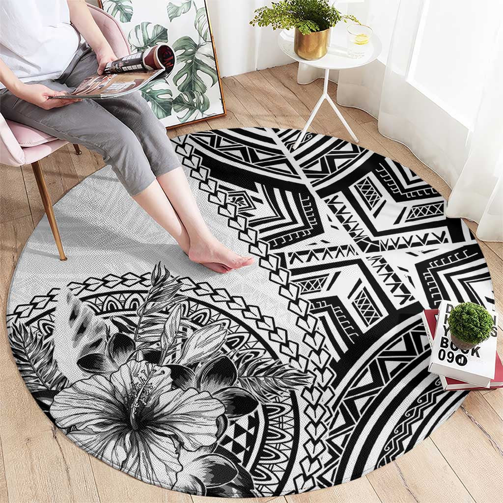 Hibiscus With White Austronesian Tattoo Pattern Round Carpet - Polynesian Pride