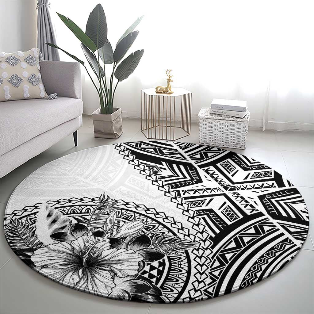 Hibiscus With White Austronesian Tattoo Pattern Round Carpet - Polynesian Pride