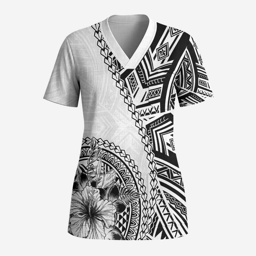 Hibiscus With White Austronesian Tattoo Pattern Scrub Top LT05 Adult White - Polynesian Pride