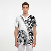 Hibiscus With White Austronesian Tattoo Pattern Scrub Top LT05 - Polynesian Pride