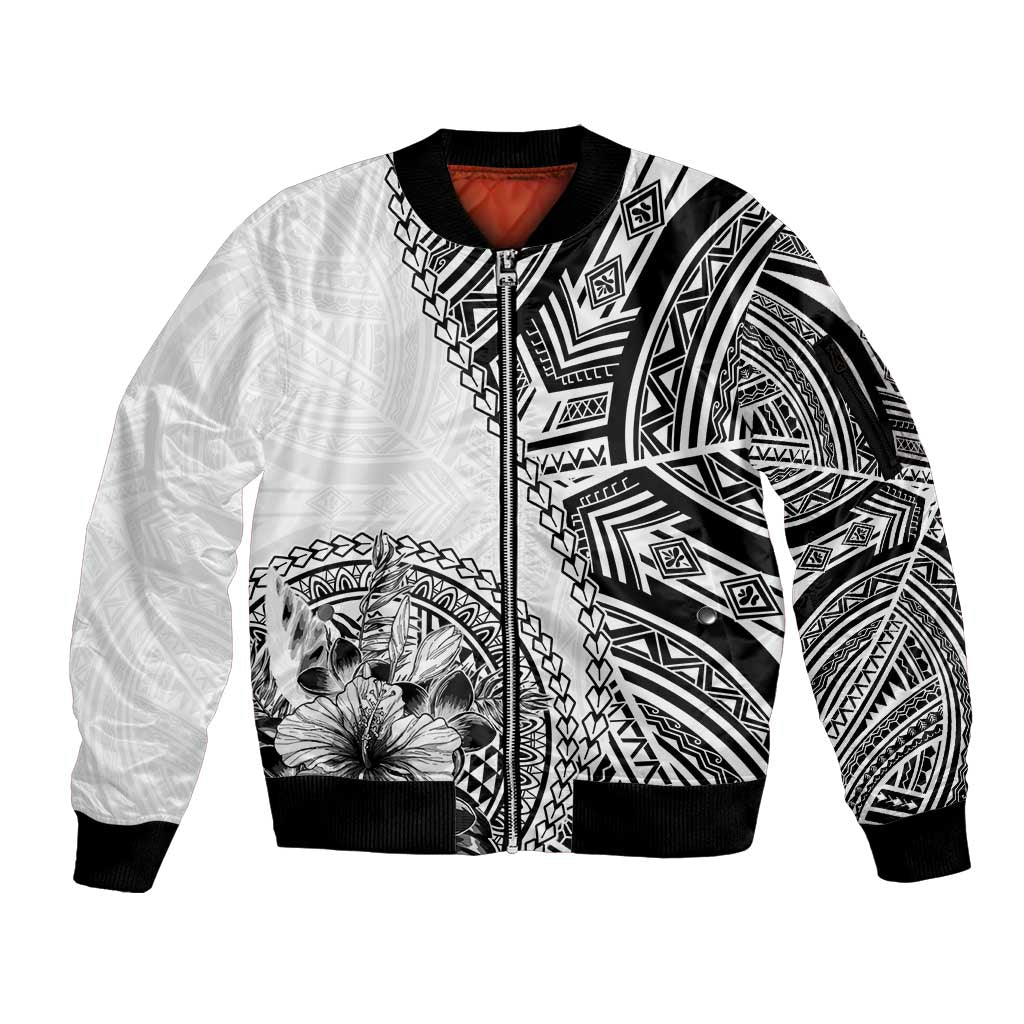 Hibiscus With White Austronesian Tattoo Pattern Sleeve Zip Bomber Jacket - Polynesian Pride
