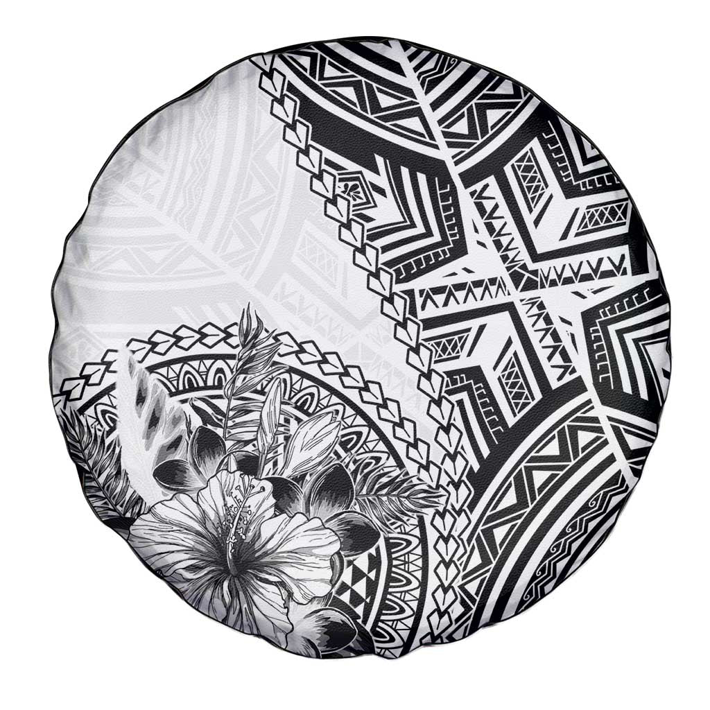 Hibiscus With White Austronesian Tattoo Pattern Spare Tire Cover - Polynesian Pride