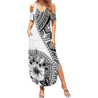 Hibiscus With White Austronesian Tattoo Pattern Summer Maxi Dress LT05 Women White - Polynesian Pride
