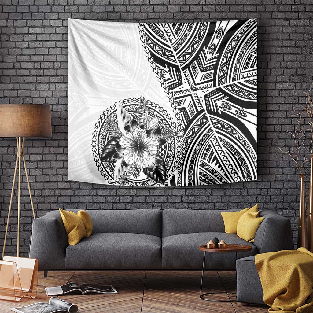 Hibiscus With White Austronesian Tattoo Pattern Tapestry - Polynesian Pride
