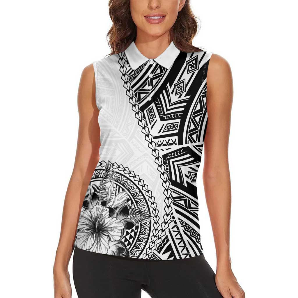 Hibiscus With White Austronesian Tattoo Pattern Women Sleeveless Polo Shirt - Polynesian Pride